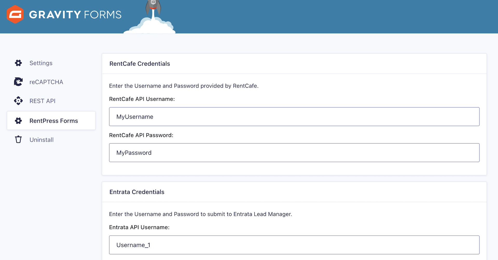 Settings page adding CRM credentials into RentPress Gravity Forms Add-on