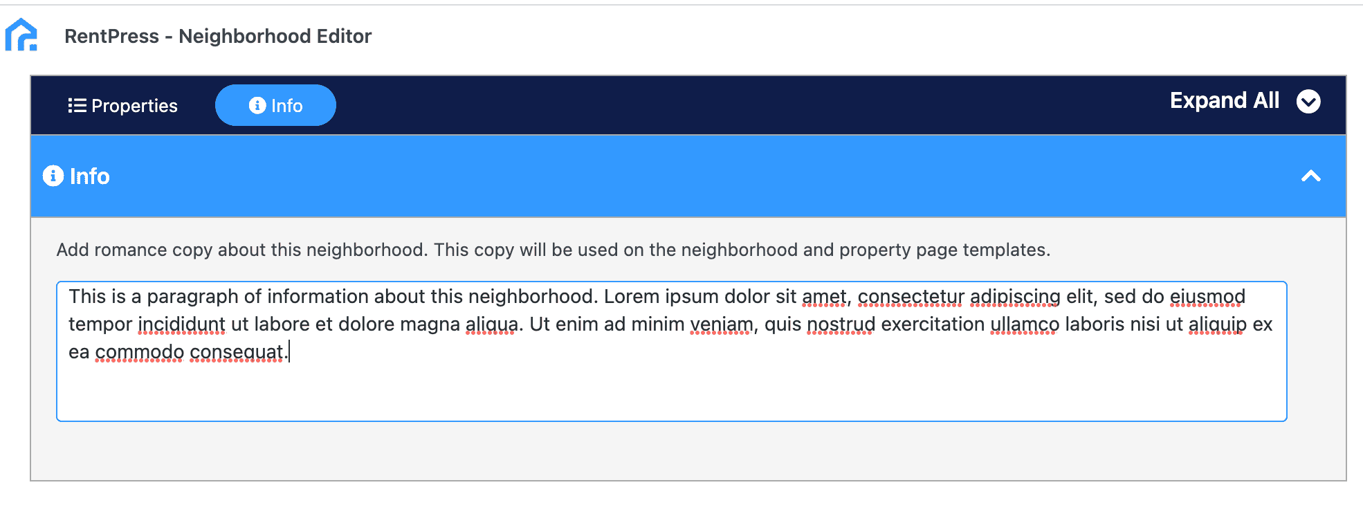 RentPress settings for Neighborhood posts add text content