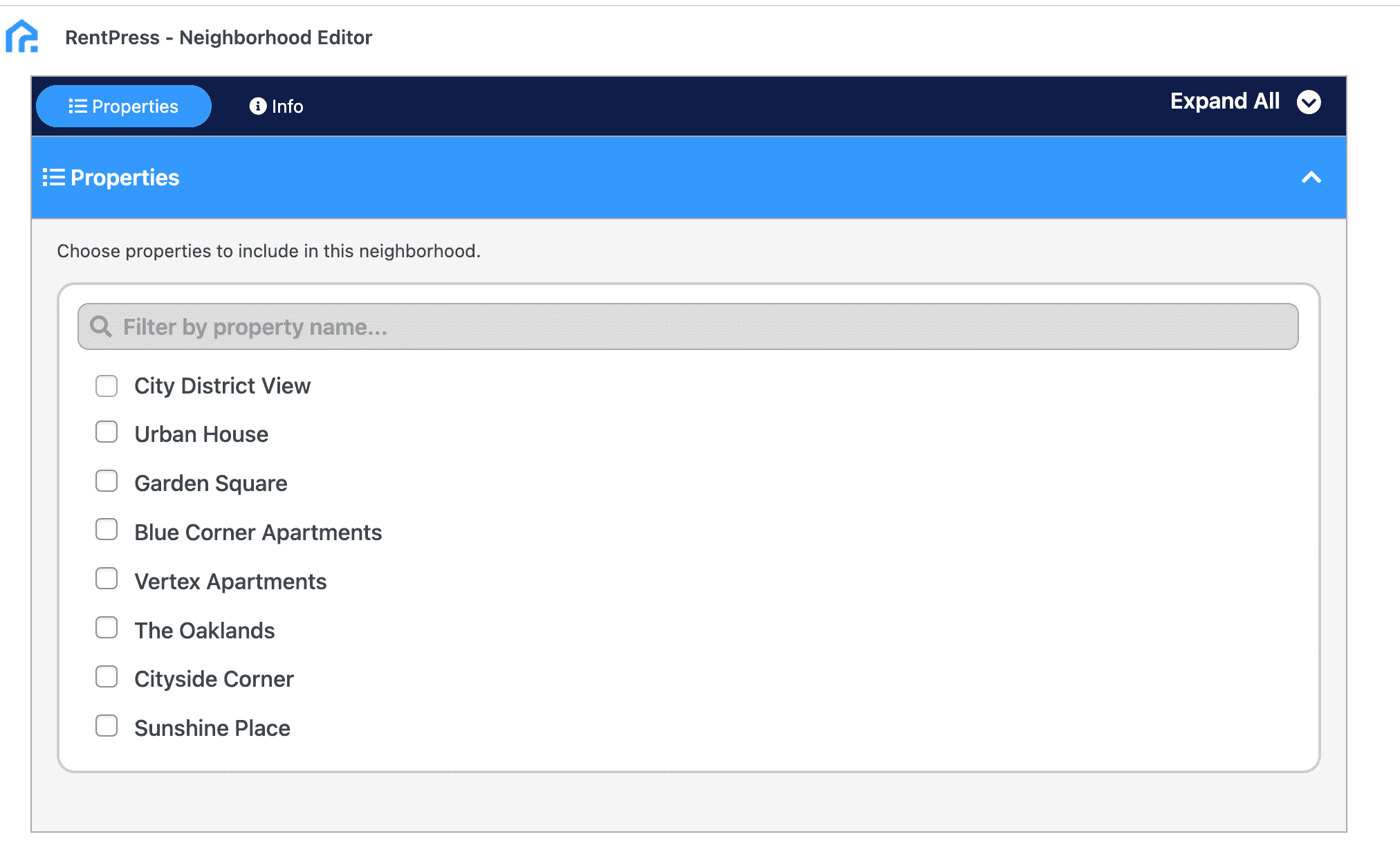 RentPress settings for Neighborhood posts to choose properties