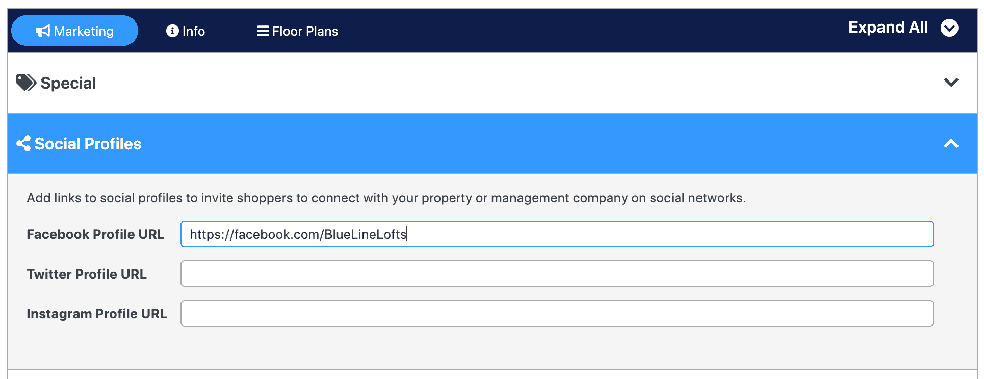 RentPress property social profile links