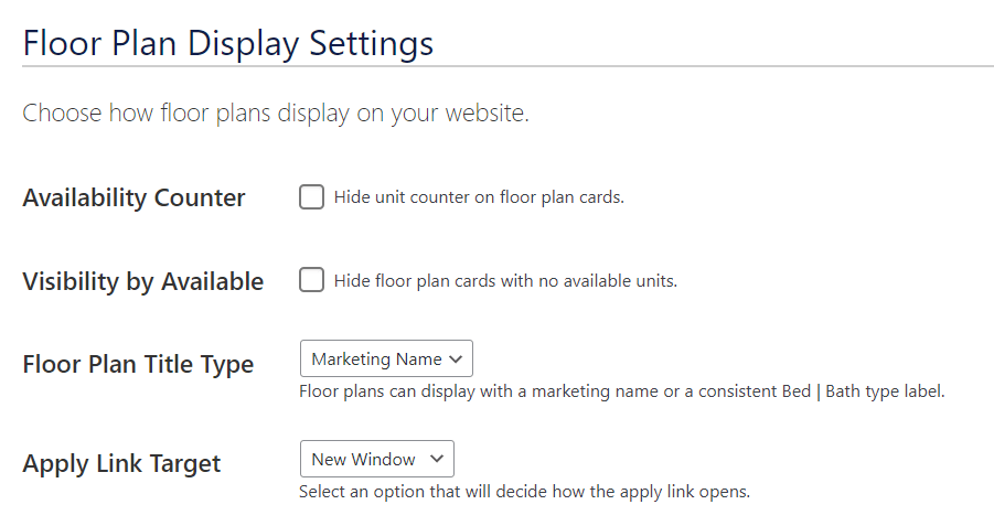 RentPress Settings Floor Plan Display Settings