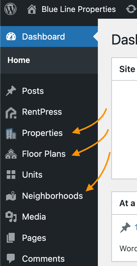 WordPress sidebar highlighting RentPress's custom posts for Properties, Floor Plans, and Neighborhoods