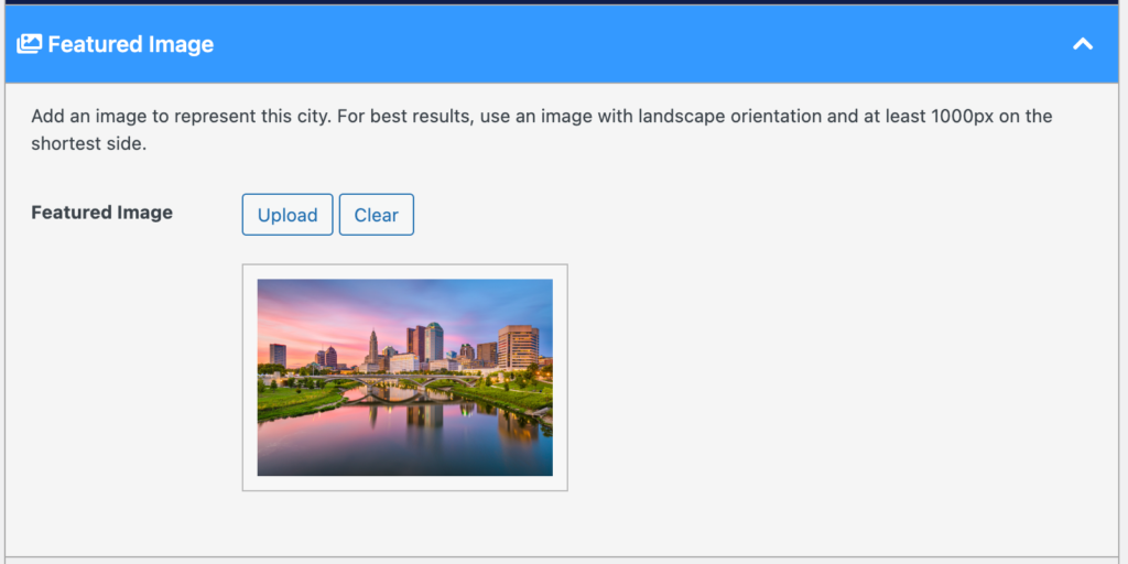 Assigning a featured image within the RentPress city editor