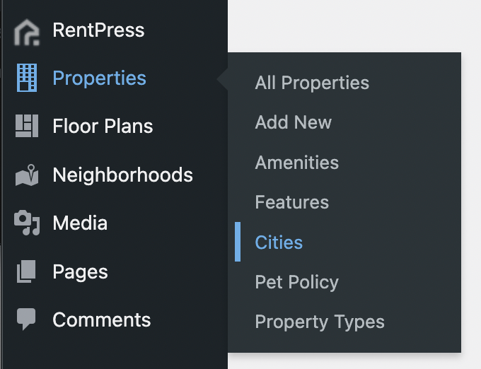 Cities section within WordPress dashboard