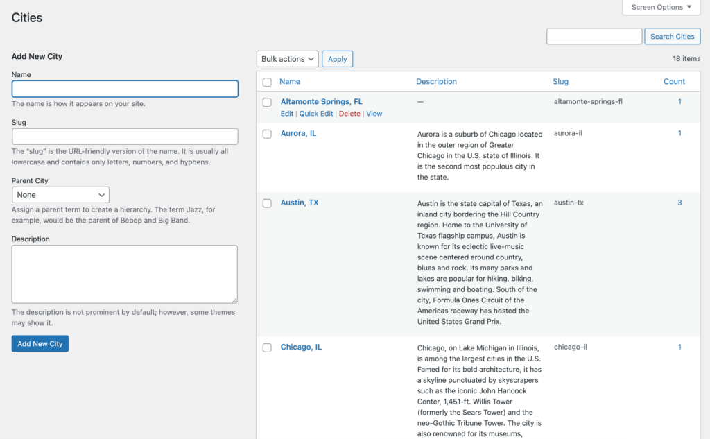 List of cities within WordPress dashboard