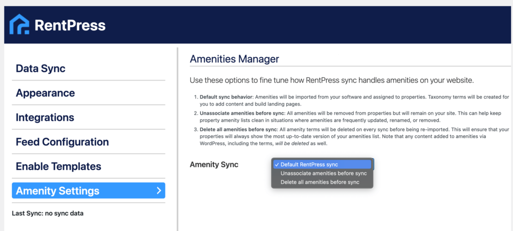 Amenity Settings - Choosing a sync method