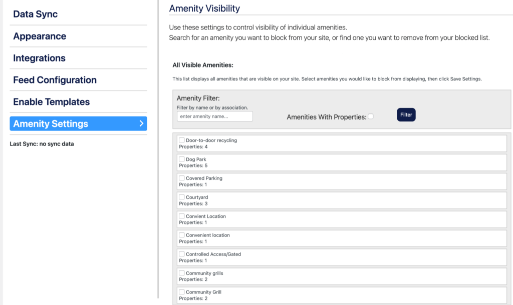 Amenity Settings - Choose amenities to block