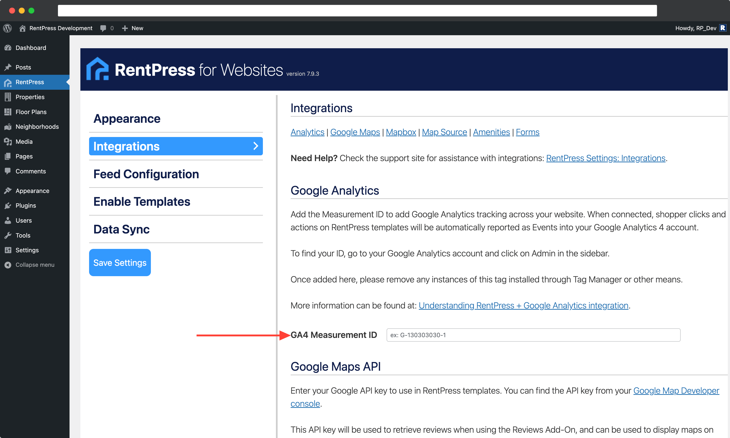 GA4 Measurement ID field in RentPress settings