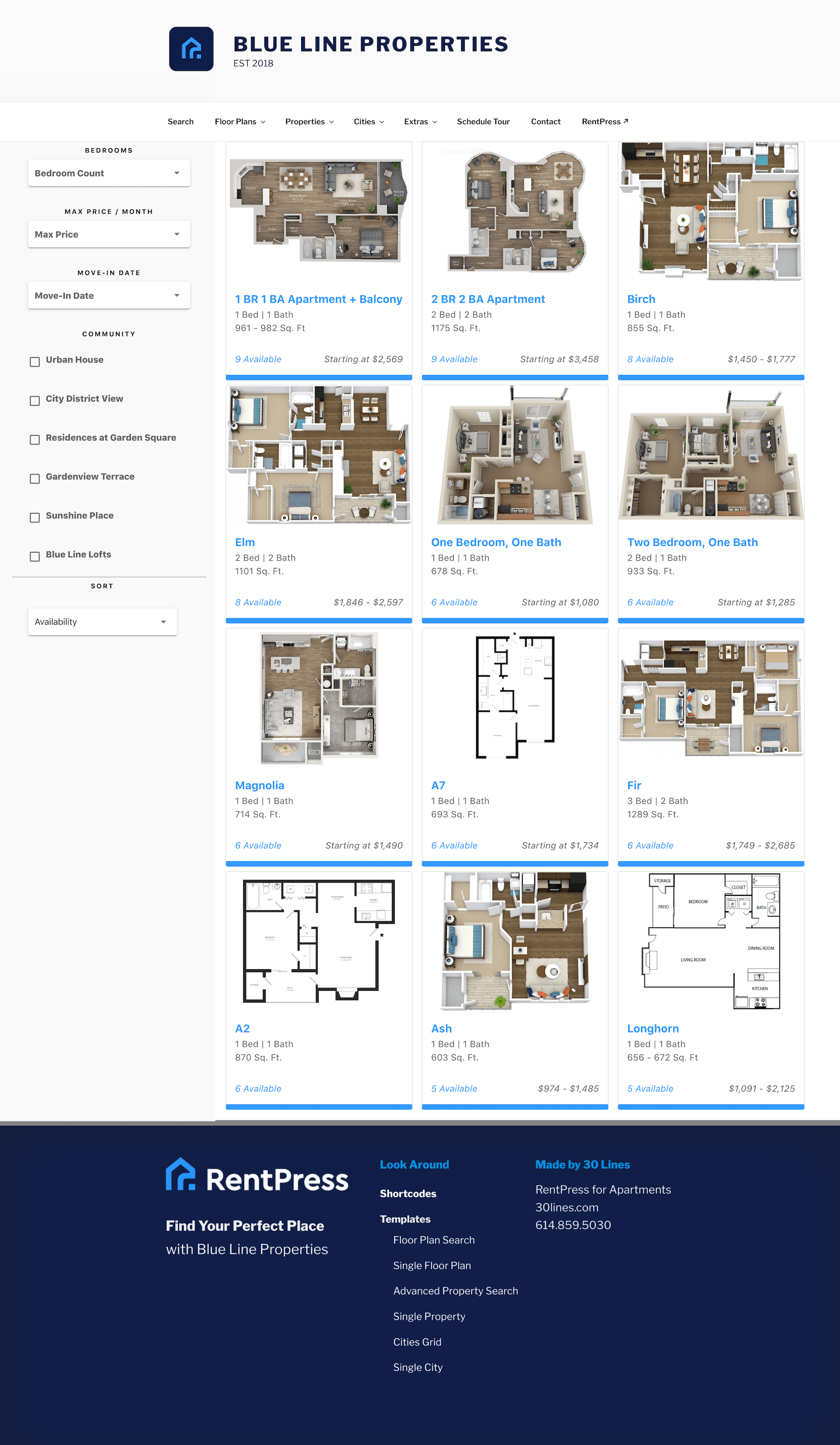 The floor plan search template provided by RentPress.